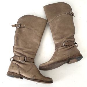 Frye Women's Knee High Tall Taupe Leather Strap Boots Sz 6 Boho Western
